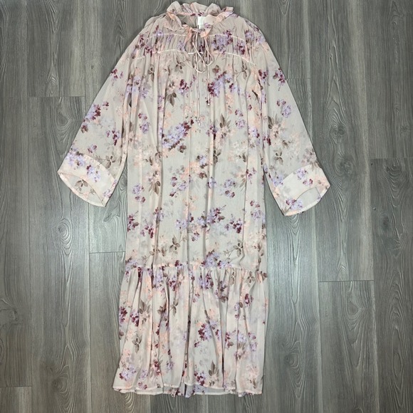 H&M Sheer Pink Floral Maxi Dress - SIZE XS Ruffle Feminine Boho Chiffon Prairie - Picture 3 of 7